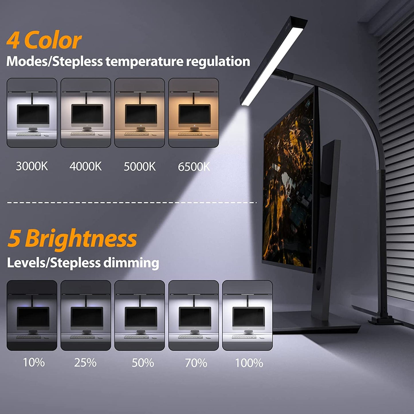 LED Desk Lamp - Auto-Dimming Table Clamp Light