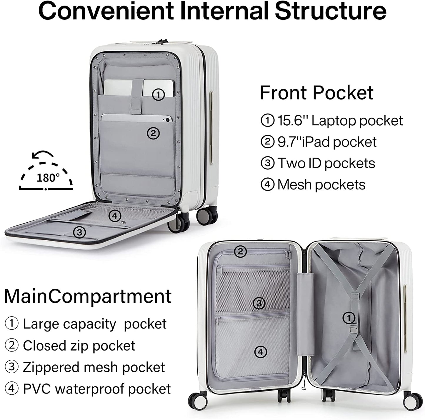 Carry on Luggage with Spinner Wheels Hard Suitcases with Front Pocket & TSA Lock