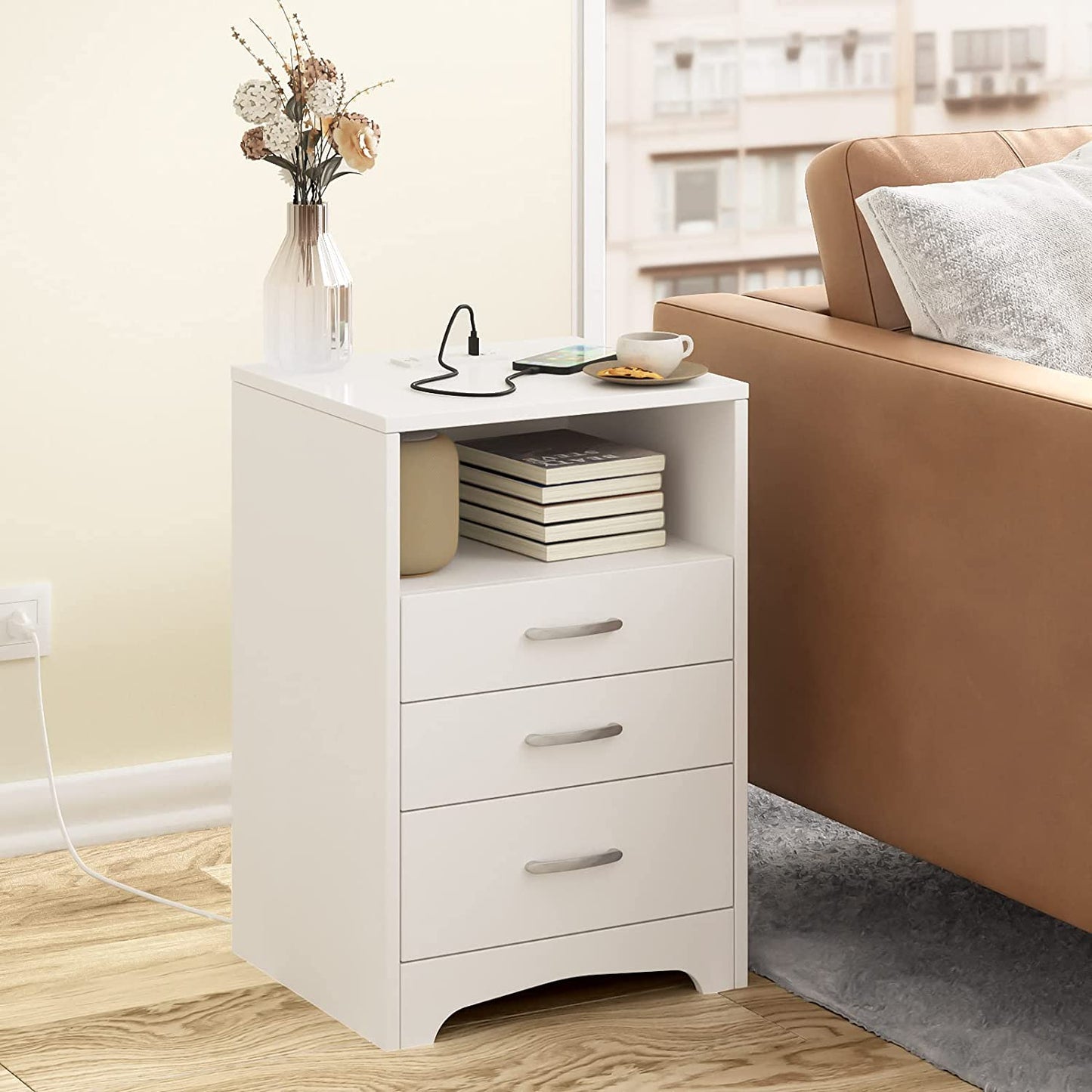 Wooden Cabinet Stand - Nightstand with Wireless Charging Station and LED Lights& USB Ports