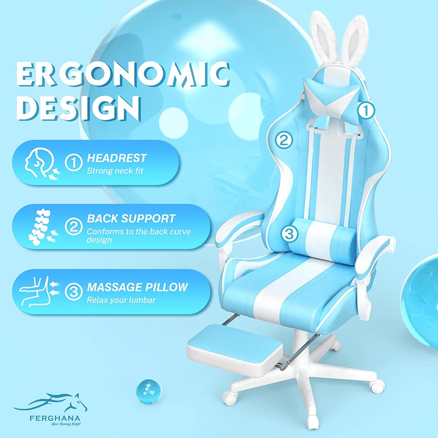 Gaming Chair with Bunny Ear - Cute Gaming Chairs for Adults & Teens Office Chair with Footrest