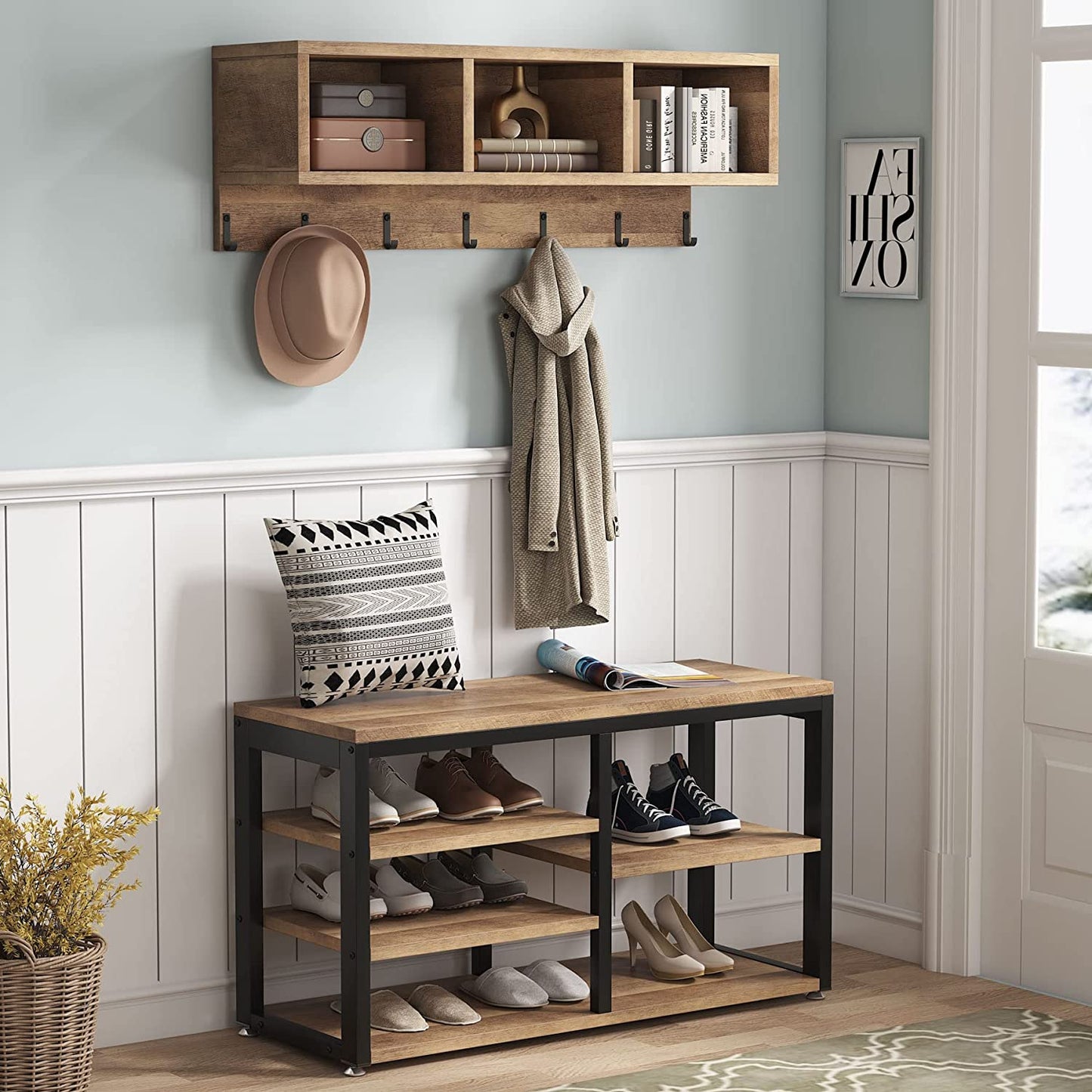 5-In-1 Shoe Rack Bench with Coat Rack and Storage Cubbies
