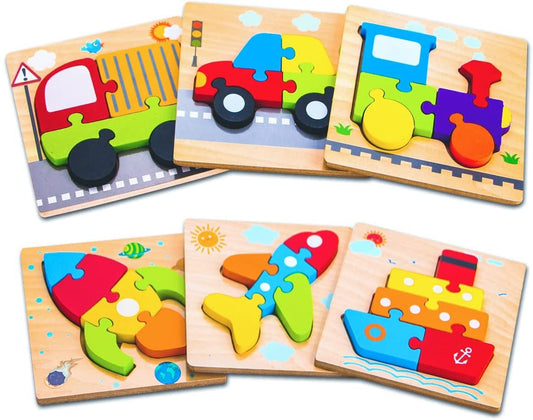 Wooden Vehicle Puzzles -Toddlers Educational Developmental Toys 6 Vehicle Montessori Learning Puzzles