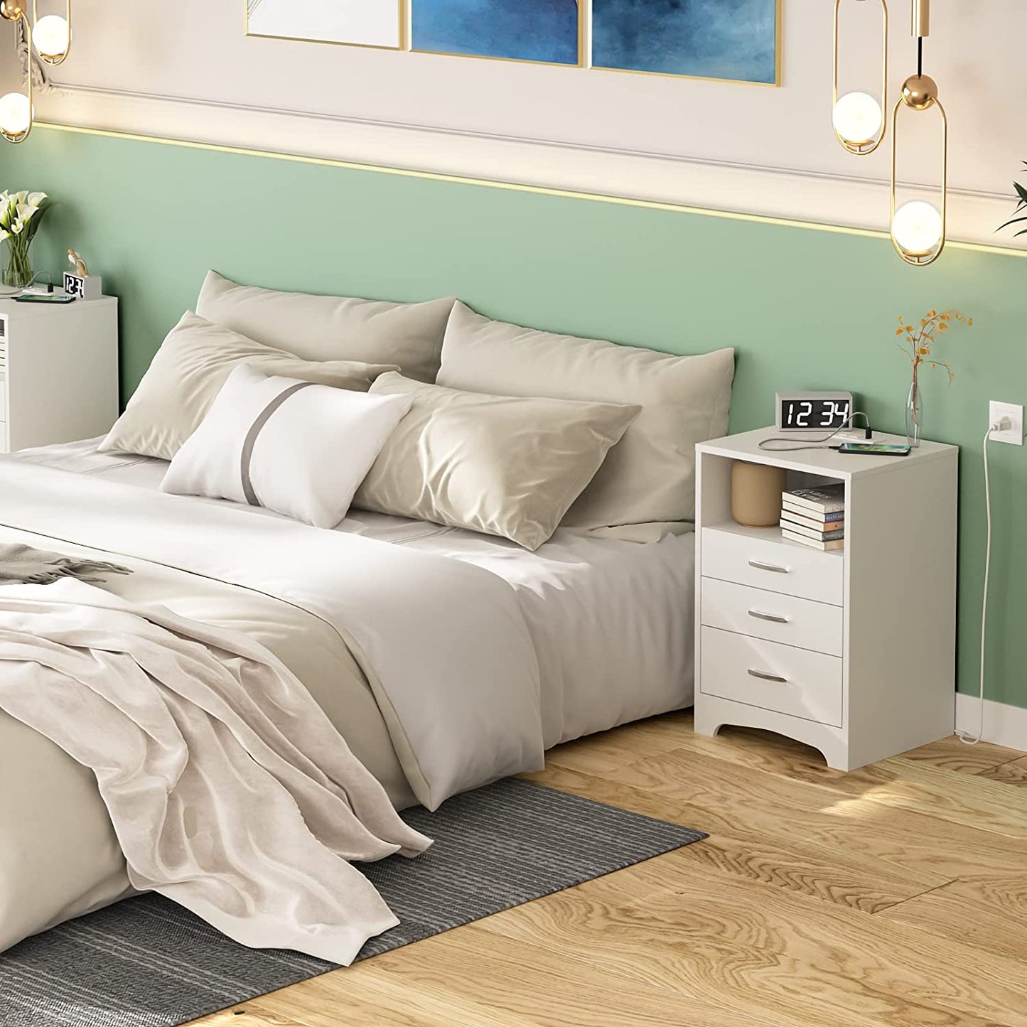 Wooden Cabinet Stand - Nightstand with Wireless Charging Station and LED Lights& USB Ports