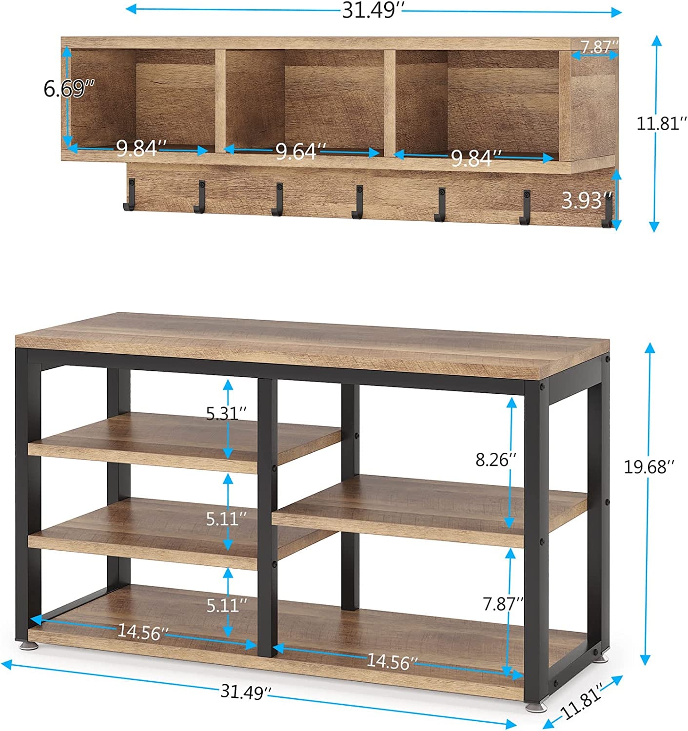 5-In-1 Shoe Rack Bench with Coat Rack and Storage Cubbies