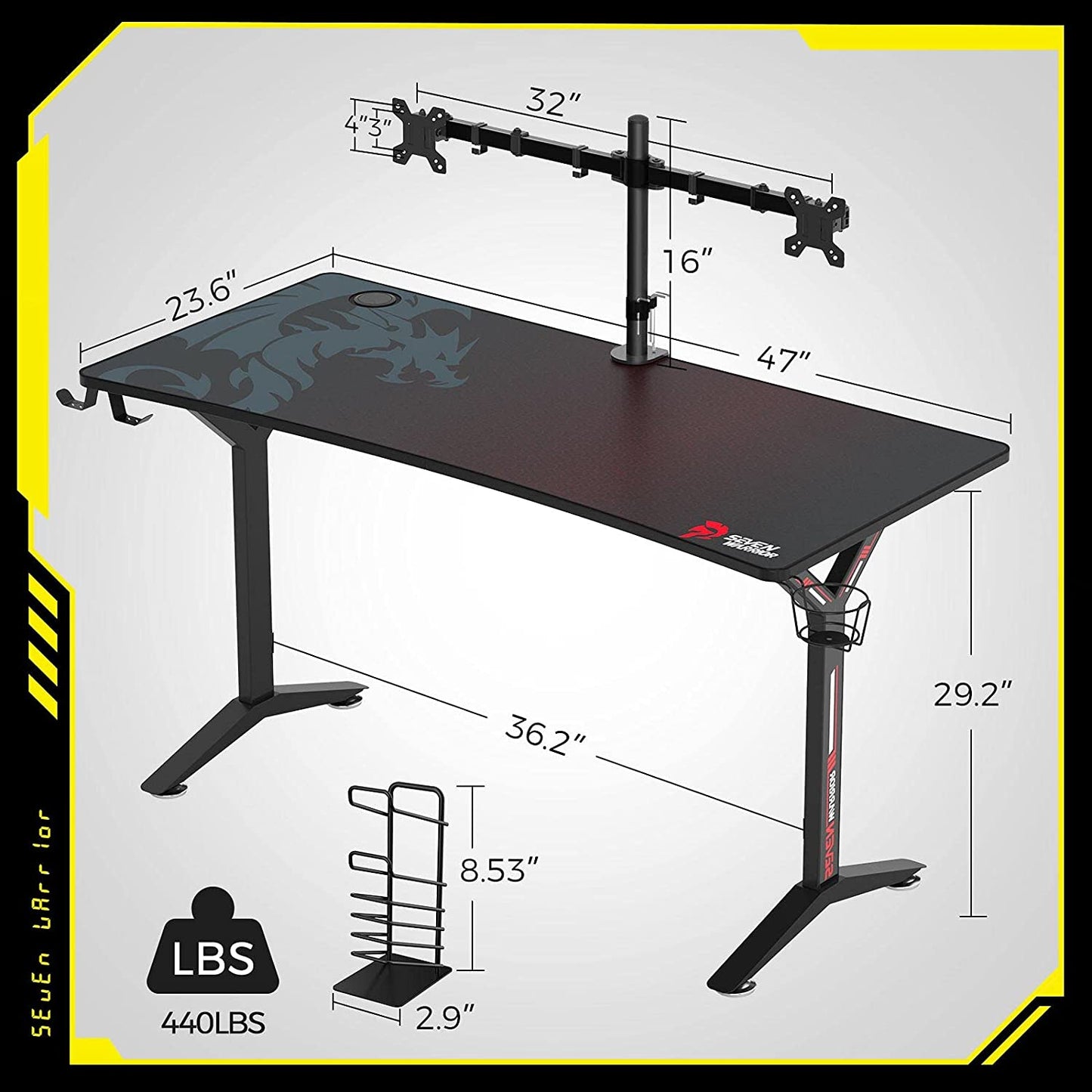 Gaming Desk - 47INCH Gaming Desk with Dual Monitor Mount Carbon Fiber Surface with Outlet Organizer