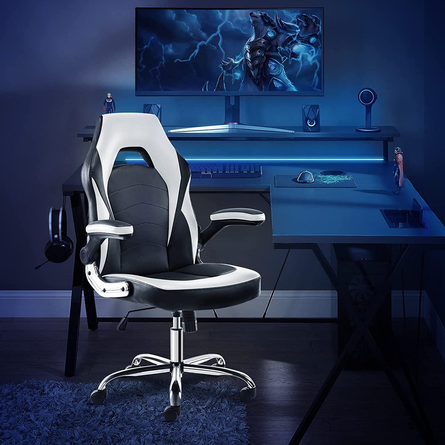 Gaming Chair - Office Chair Flip-Up Armrest and Height Adjustable Desk Chair with Lumbar Support