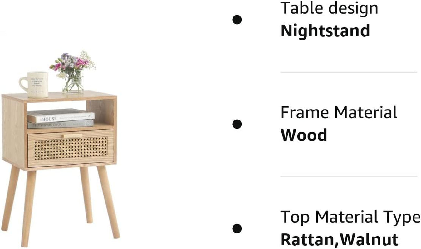 Nightstand - Bedside Table with Storage & Solid Wood Legs