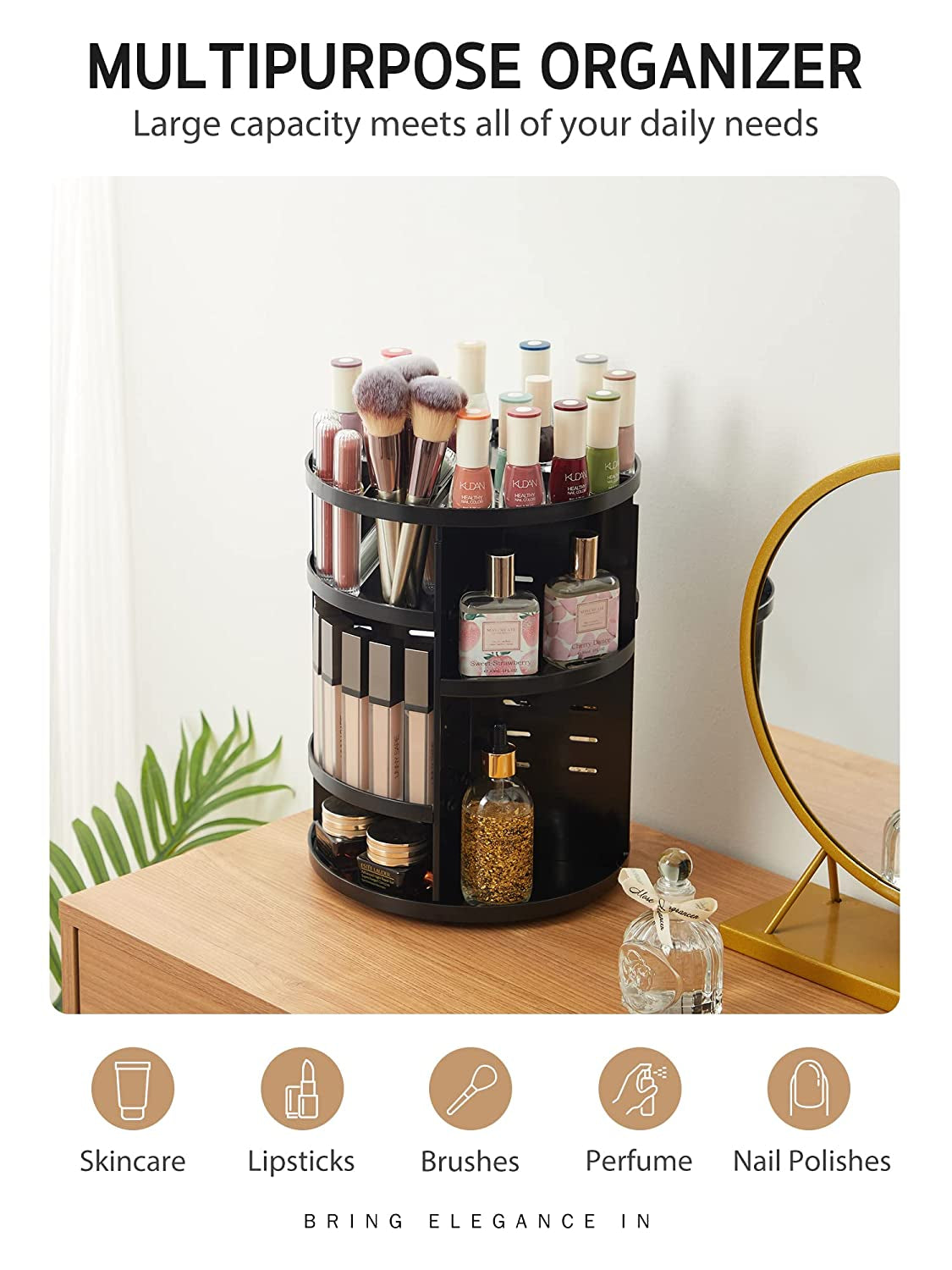 360 Rotating Makeup Organizer DIY Adjustable Bathroom Cosmetics Storage Box