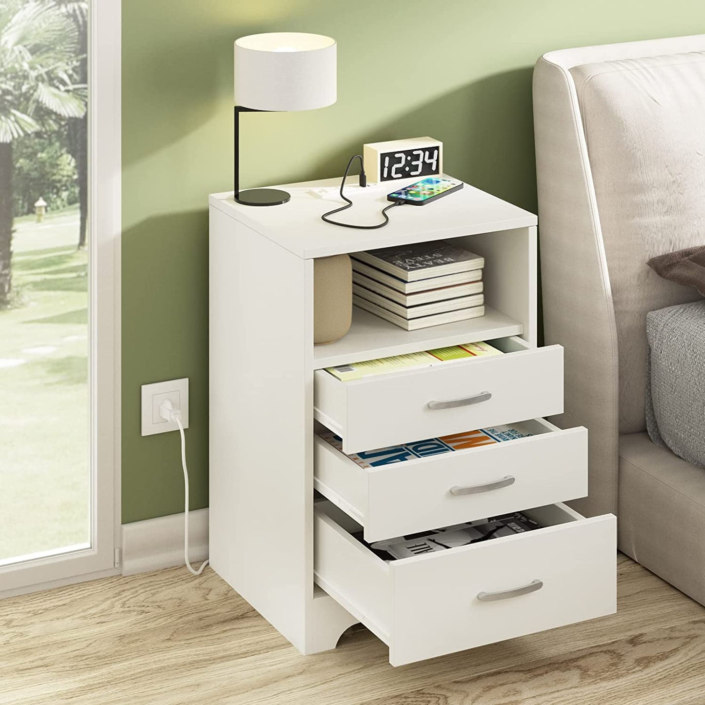 Wooden Cabinet Stand - Nightstand with Wireless Charging Station and LED Lights& USB Ports