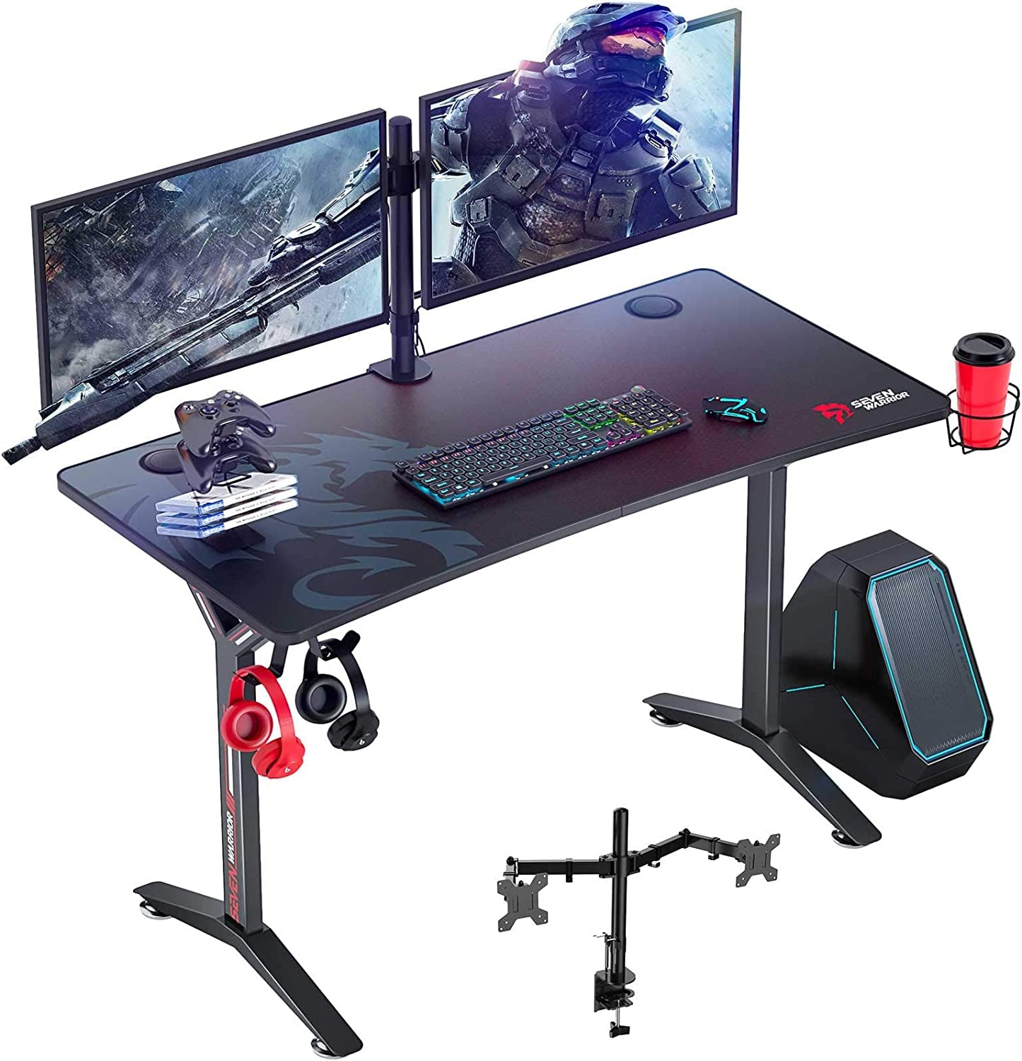 Gaming Desk - 47INCH Gaming Desk with Dual Monitor Mount Carbon Fiber Surface with Outlet Organizer
