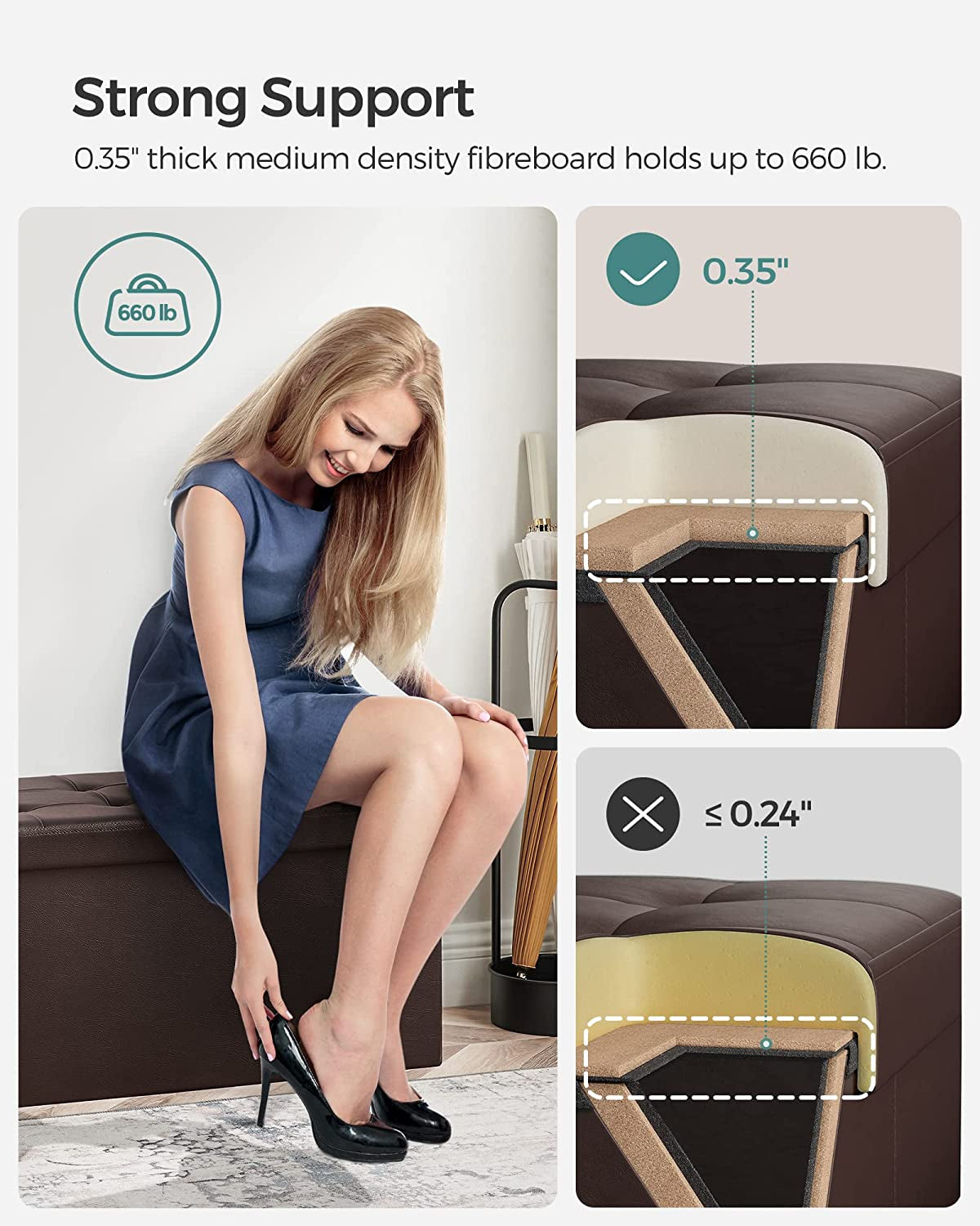 Folding Storage Ottoman Bench - Storage Chest with Flipping Lid 30 Inches
