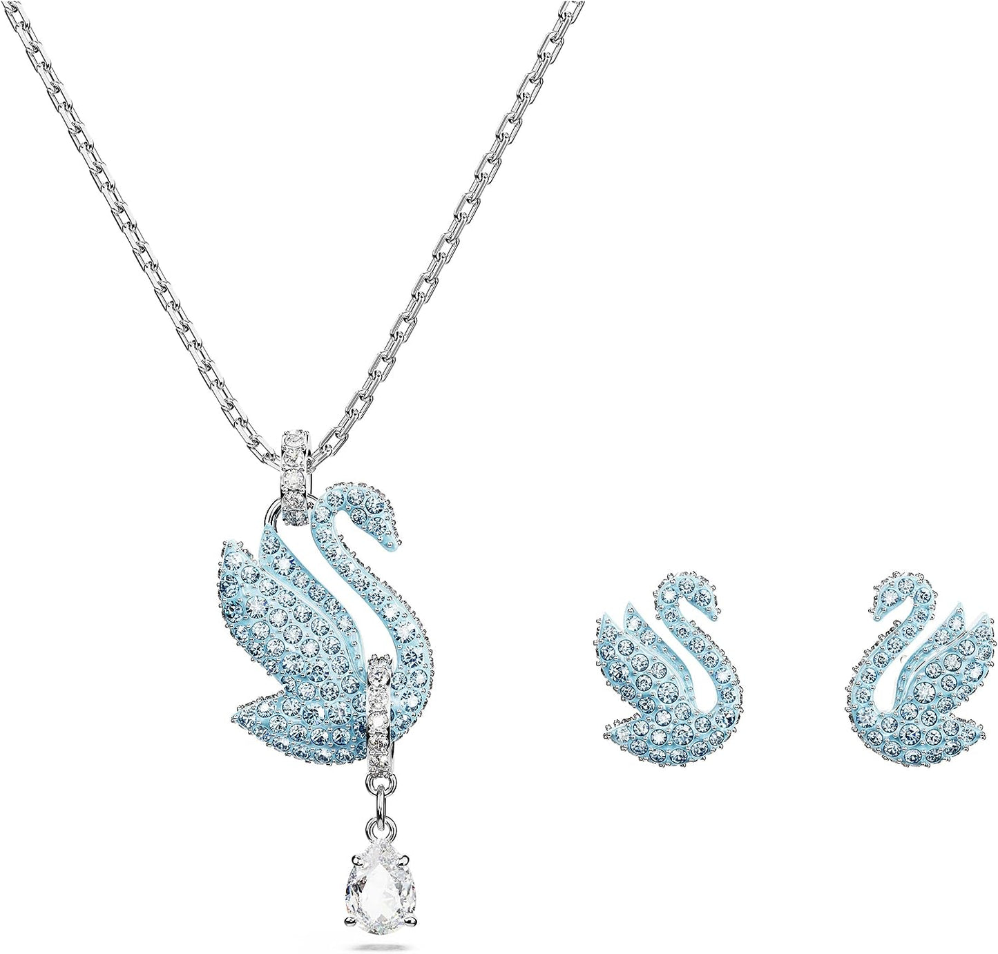 Iconic Swan Jewelry Set - Necklace and Earrings with Blue Swan Motif Rhodium Finish