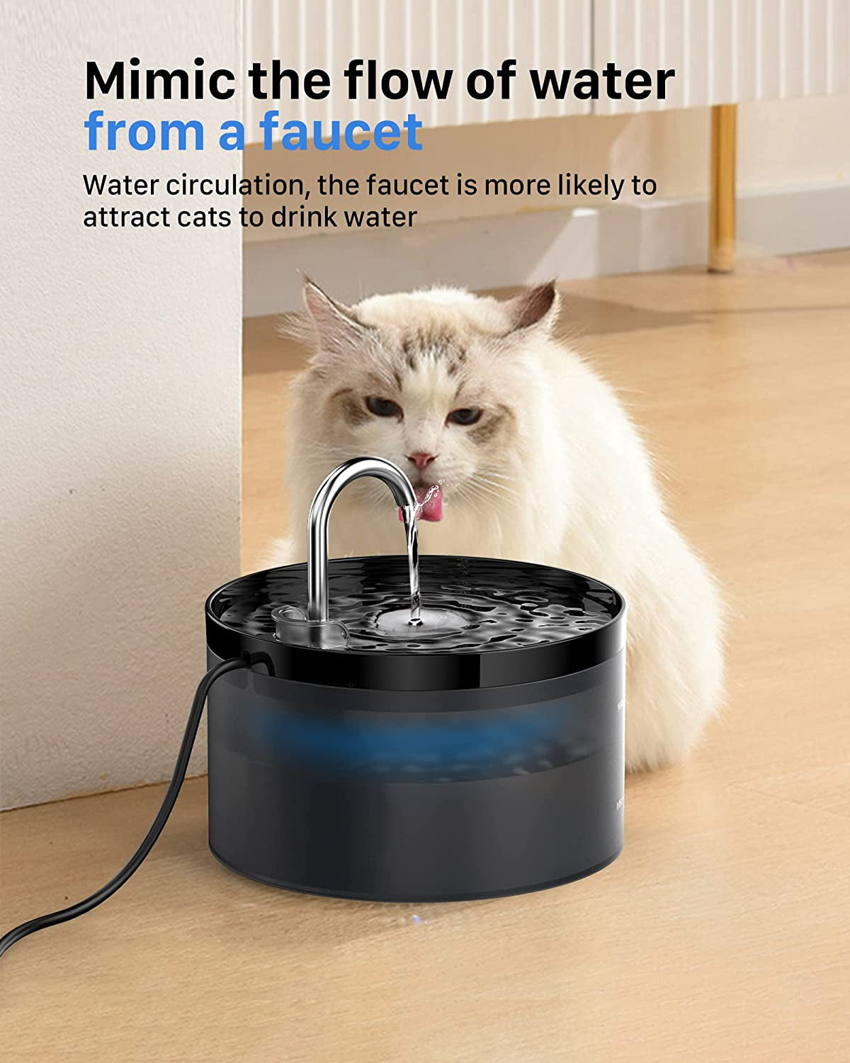 Cat Water Fountain - Pet Silent Water Fountain Built-In Led Light Activated