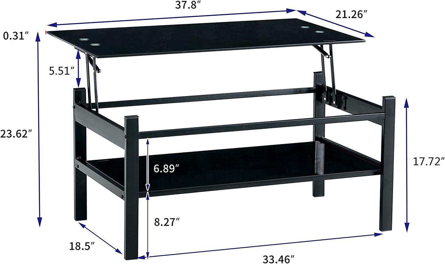 Lift Top Coffee Table - Glass Center Table with Storage Shelf & Metal Frame