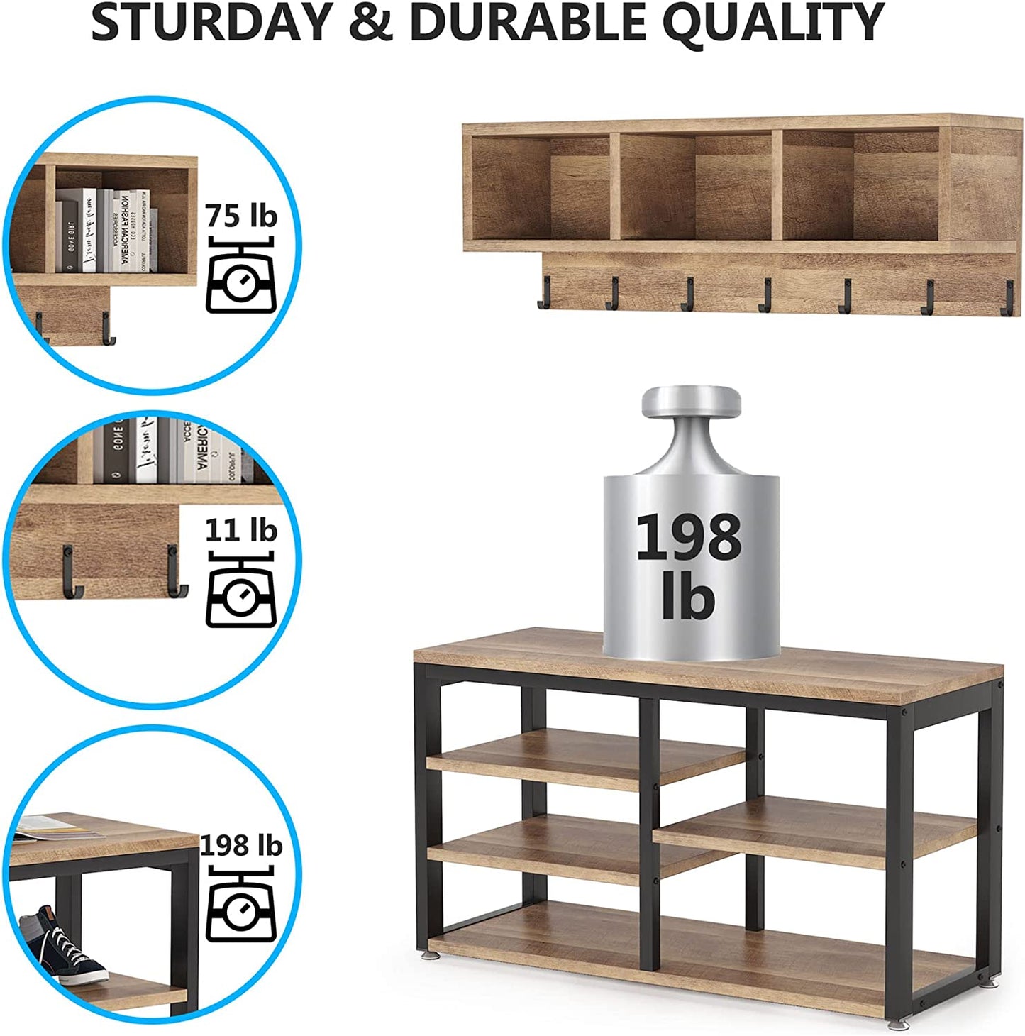 5-In-1 Shoe Rack Bench with Coat Rack and Storage Cubbies