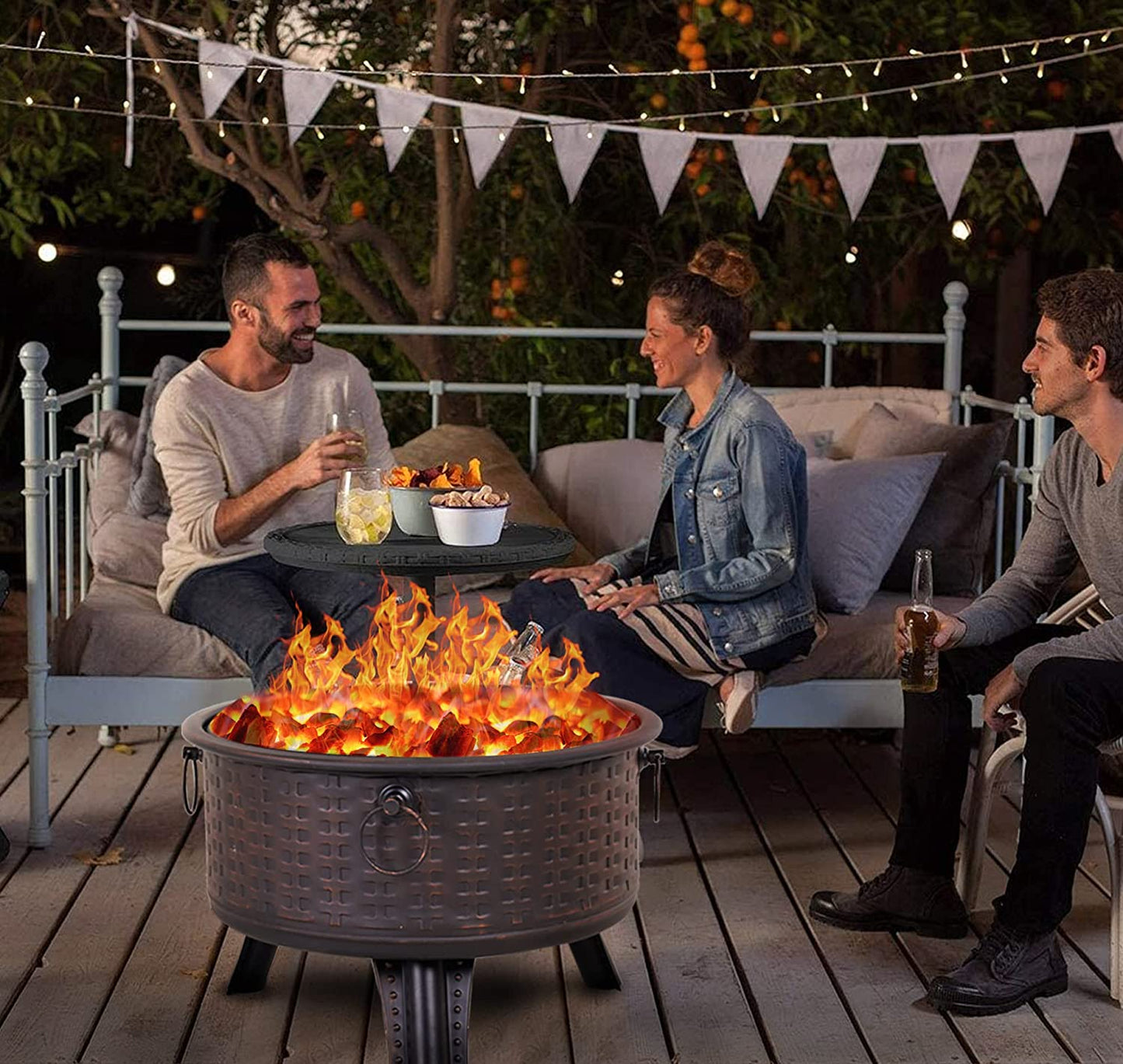Fire Pits - Outside Round Deep Fire Pit with Spark Screen Cover Safe Mesh Lid and Poker