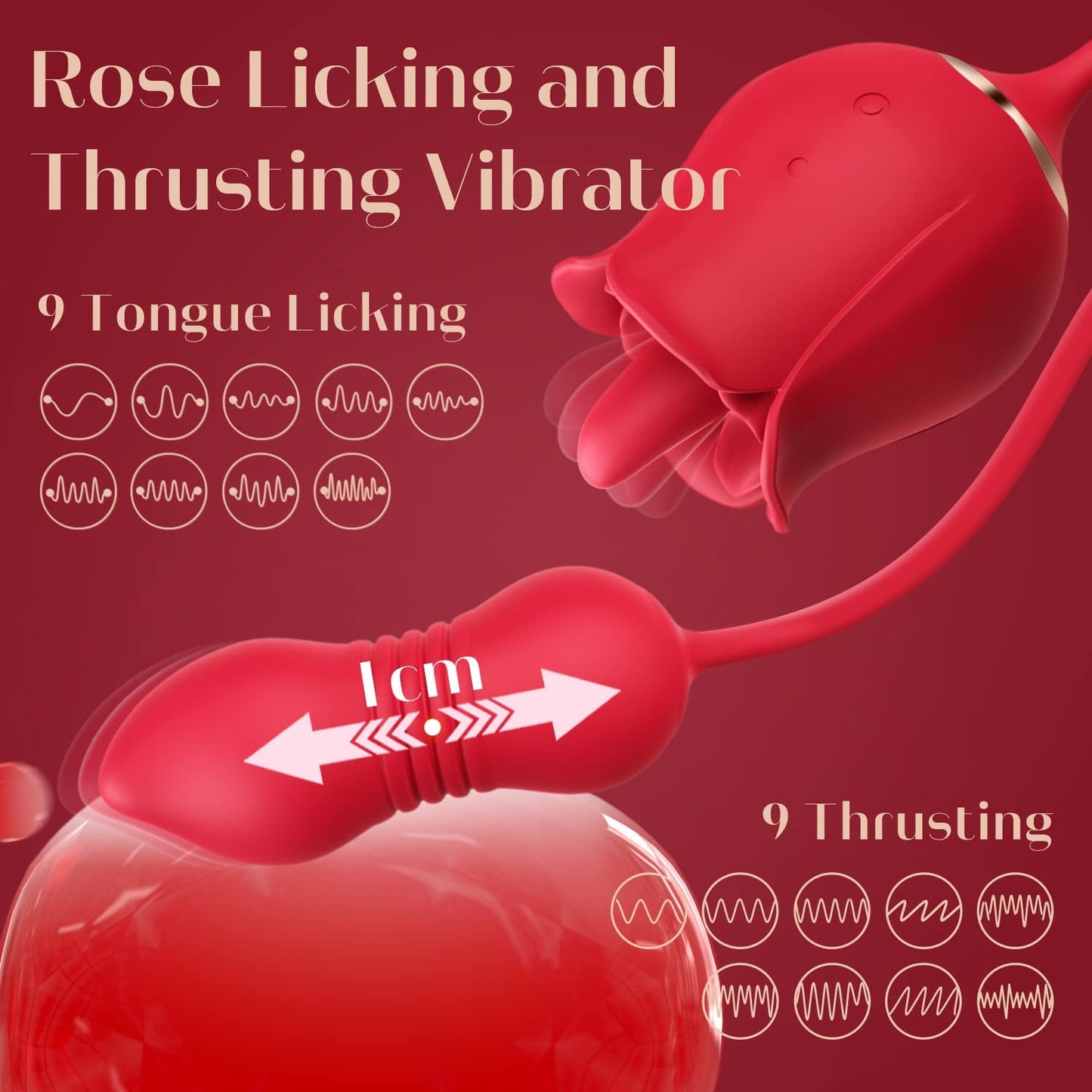 3 In 1 Rose Sex Toy Dildo Vibrator - Rose Stimulator with 9 Tongue Licking & 9 Thrusting Dildo Vibrators