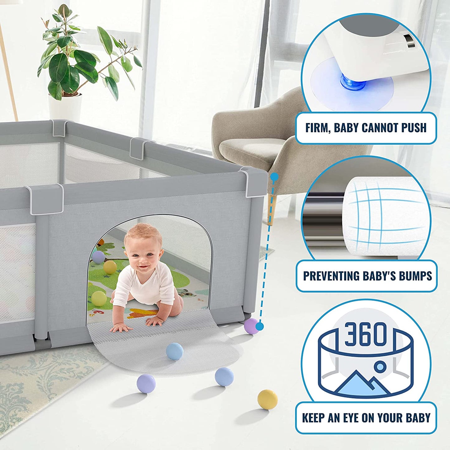 Baby Playpen - Extra Play Yard for Babies and Toddlers with Safety Mat