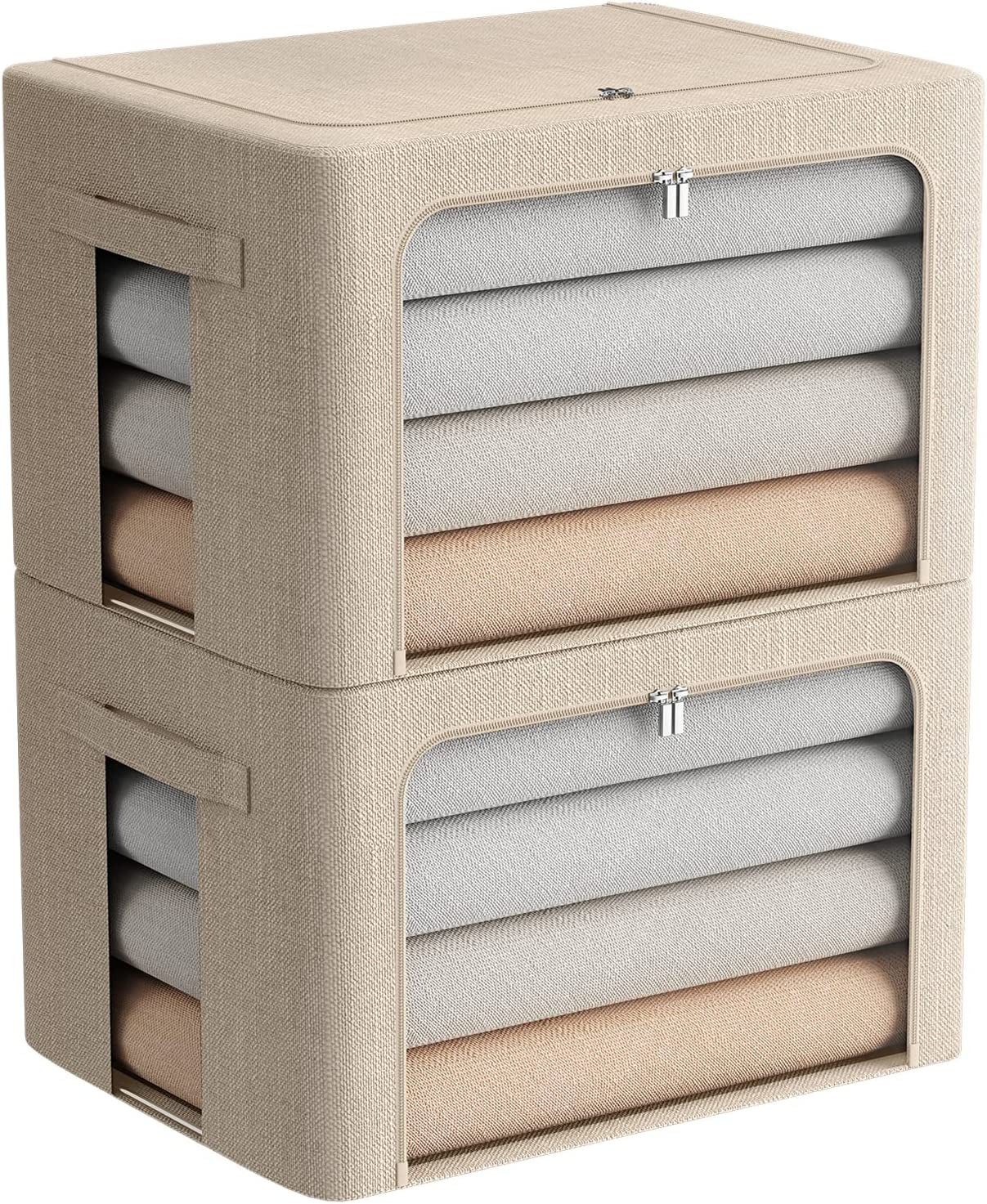Clothes Storage Box - Stackable Storage Box Foldable Linen Fabric Box Organizer 2 Pack
