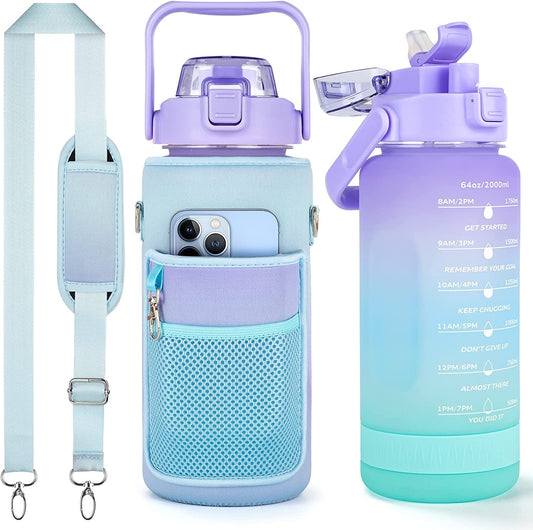 64Oz Water Bottle with Sleeve, Straw, Leakproof BPA Free Bottles