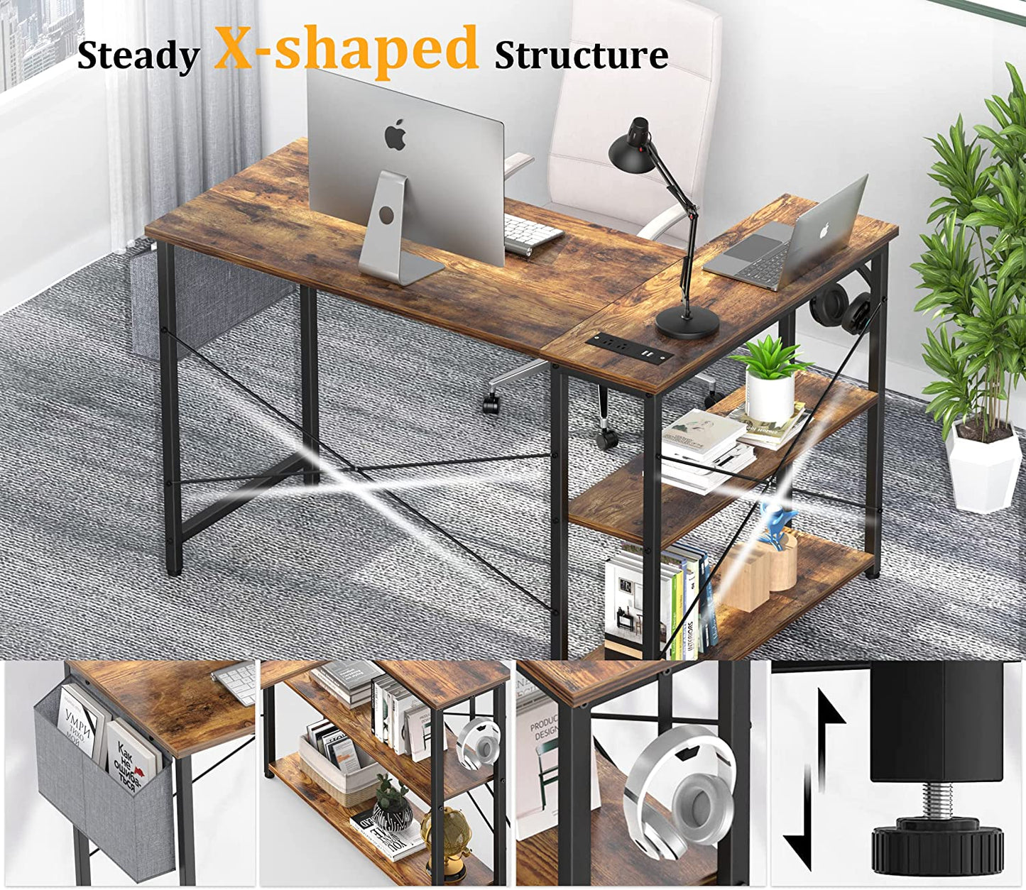 Office Desk - 47 Inch Desk with Outlets & USB Ports Reversible and Storage Shelves & Hook