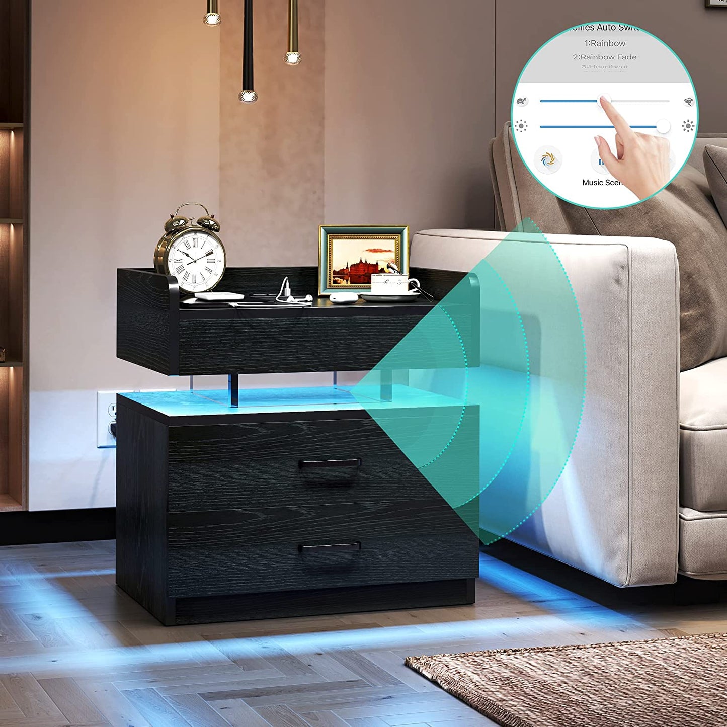 LED Voice-Activated Mode Nightstand - Bedside Table with Charging Station & 2 Drawers