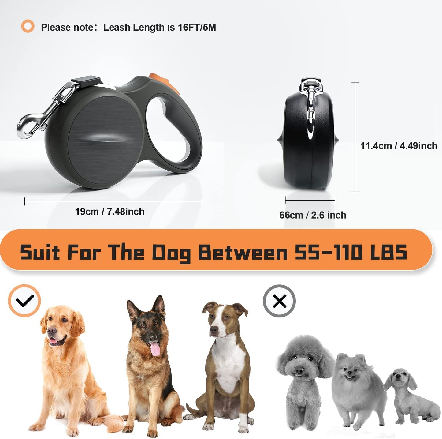 Retractable Dog Leash - Reflective 16 FT Dog Leash for Medium & Large Dogs Strong Tape