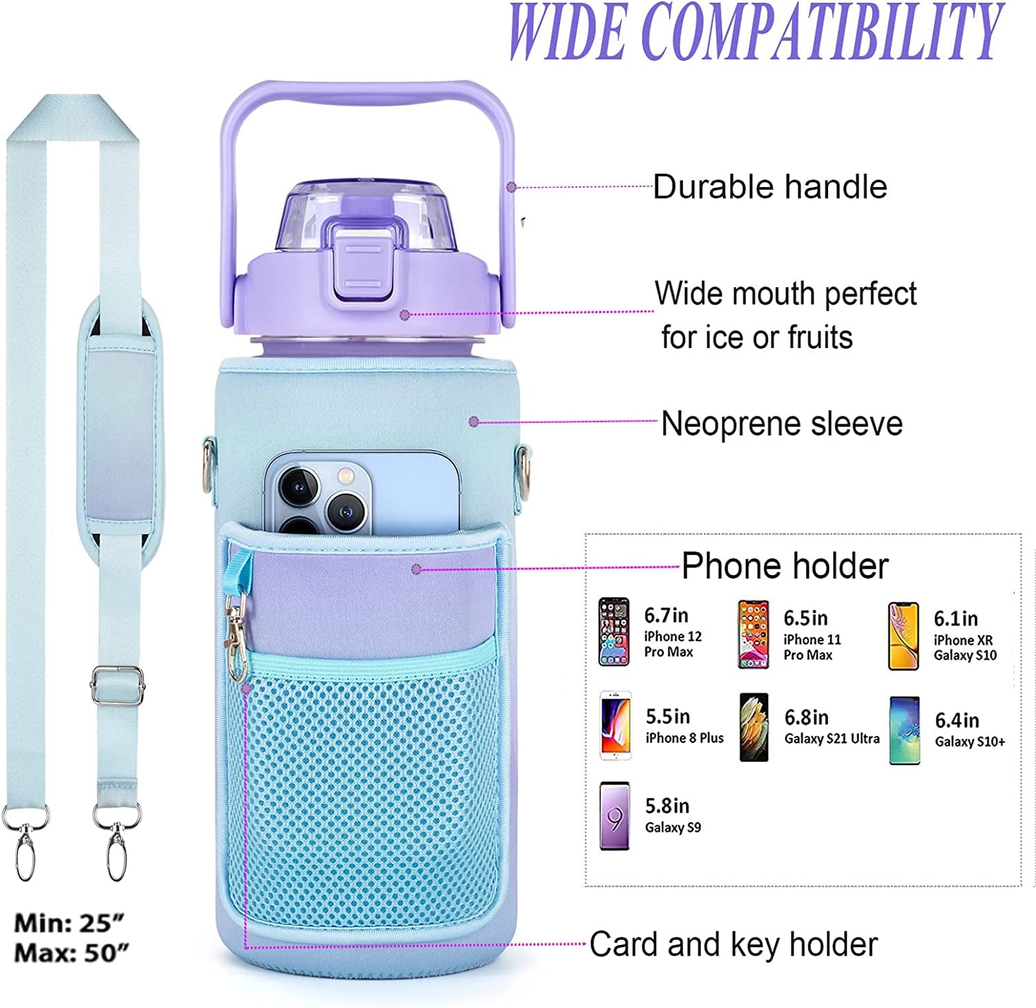 64Oz Water Bottle with Sleeve, Straw, Leakproof BPA Free Bottles