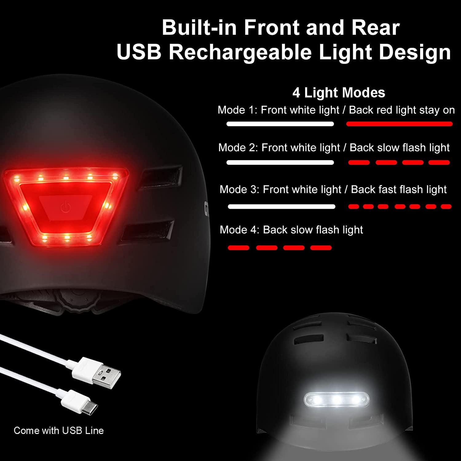 Bicycle Helmet with Light - Cycling Helmet With Front and Rear LED Lights