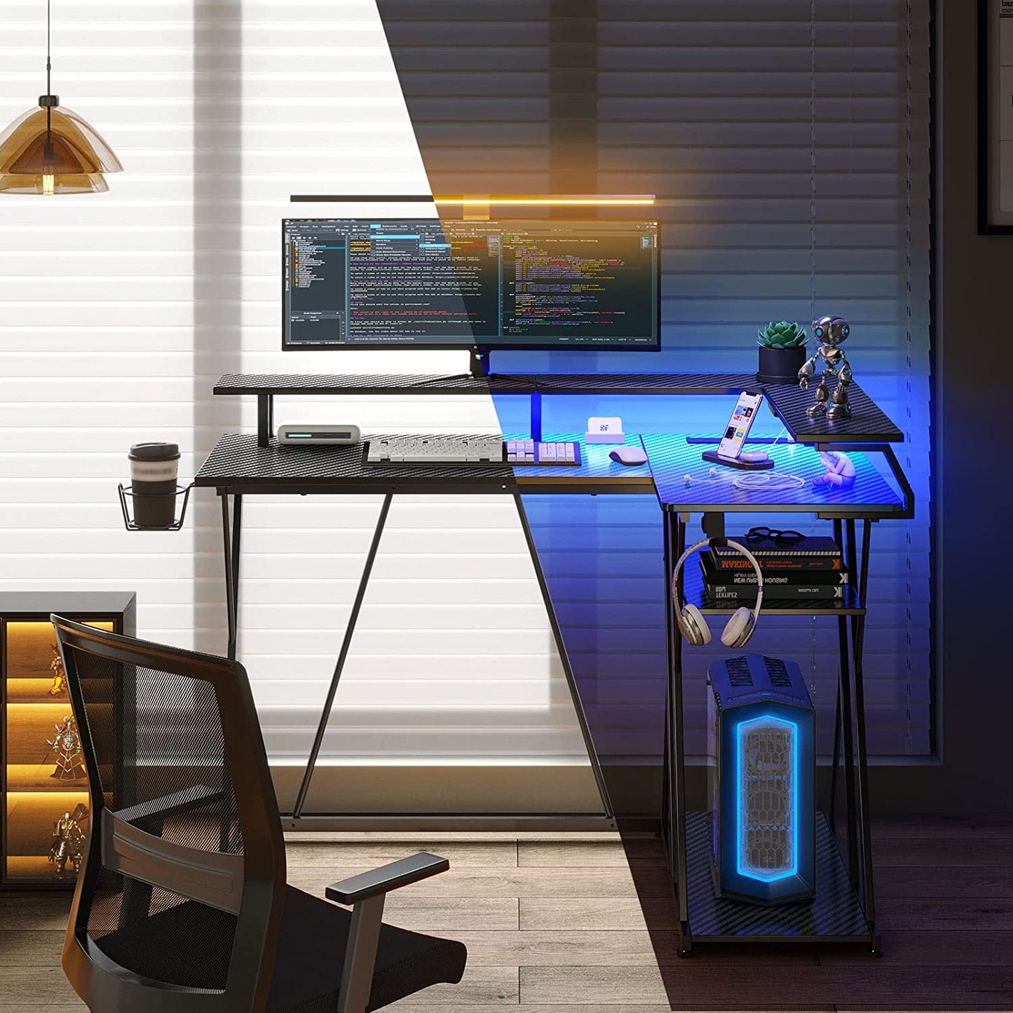 Gaming Desk - Computer Desk With Power Outlets & LED Lights Reversible Desk with Storage Shelf