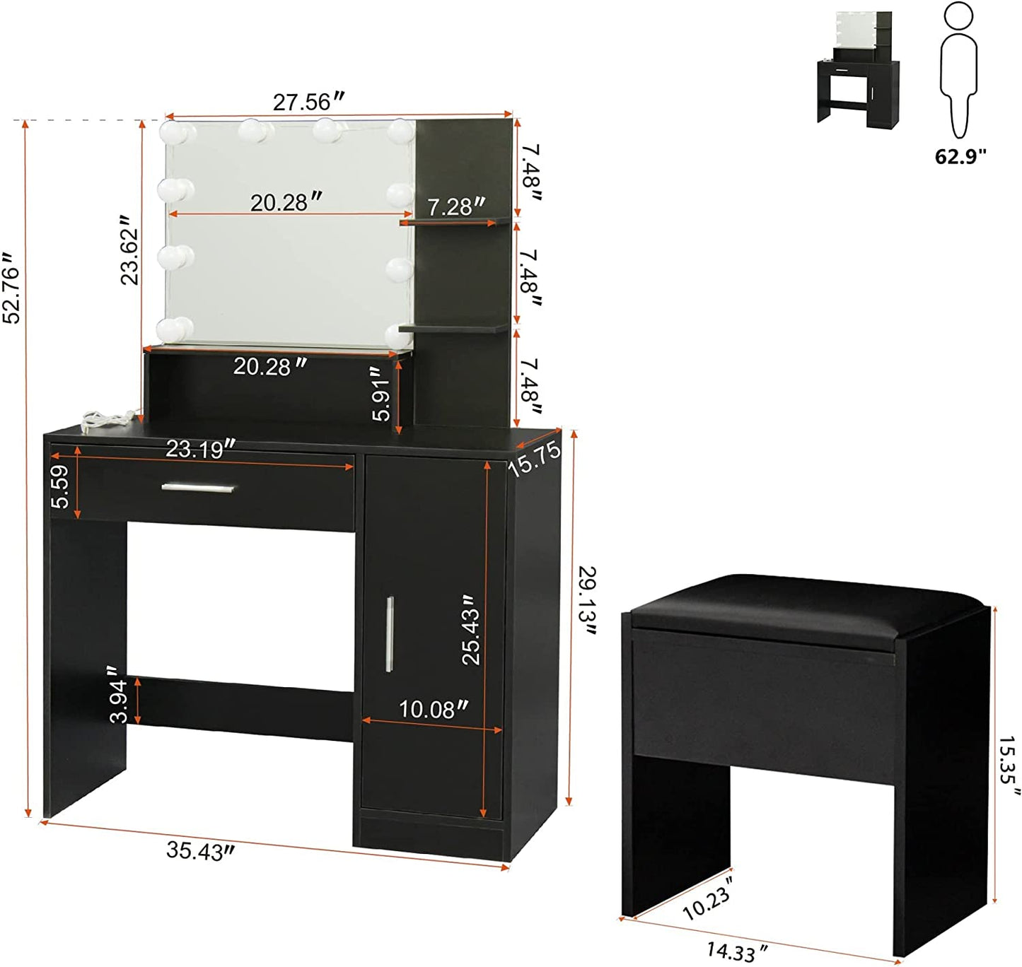 Makeup Vanity Table Set - With 10 Light Bulbs & Cushioned Stool