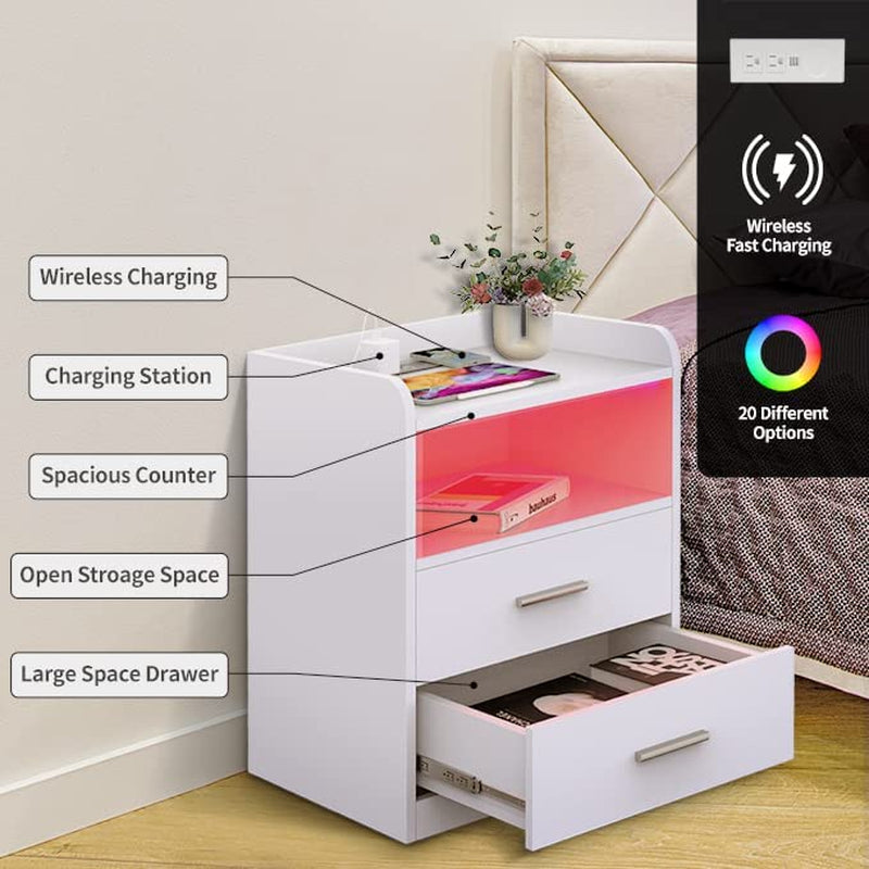 Bedroom Nightstand with Wireless Charging Station and LED Lights