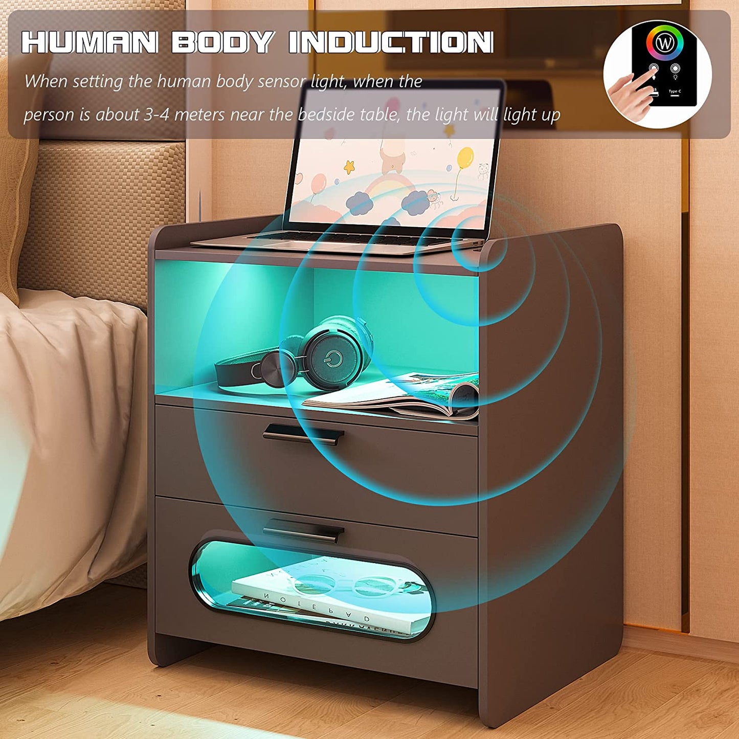 Bedside Table - RGB Nightstand with Wireless Charging Station and USB Ports LED 24 Color