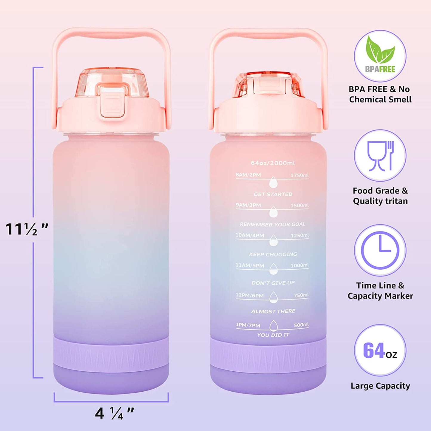 64Oz Water Bottle with Sleeve, Straw, Leakproof BPA Free Bottles