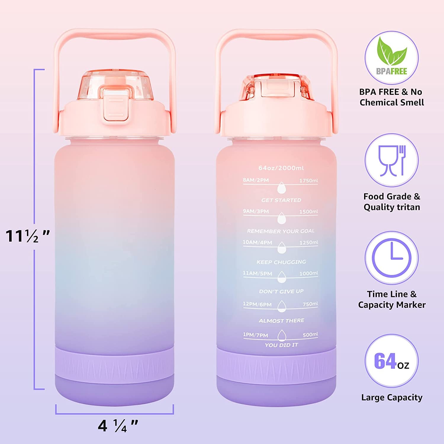 64Oz Water Bottle with Sleeve, Straw, Leakproof BPA Free Bottles