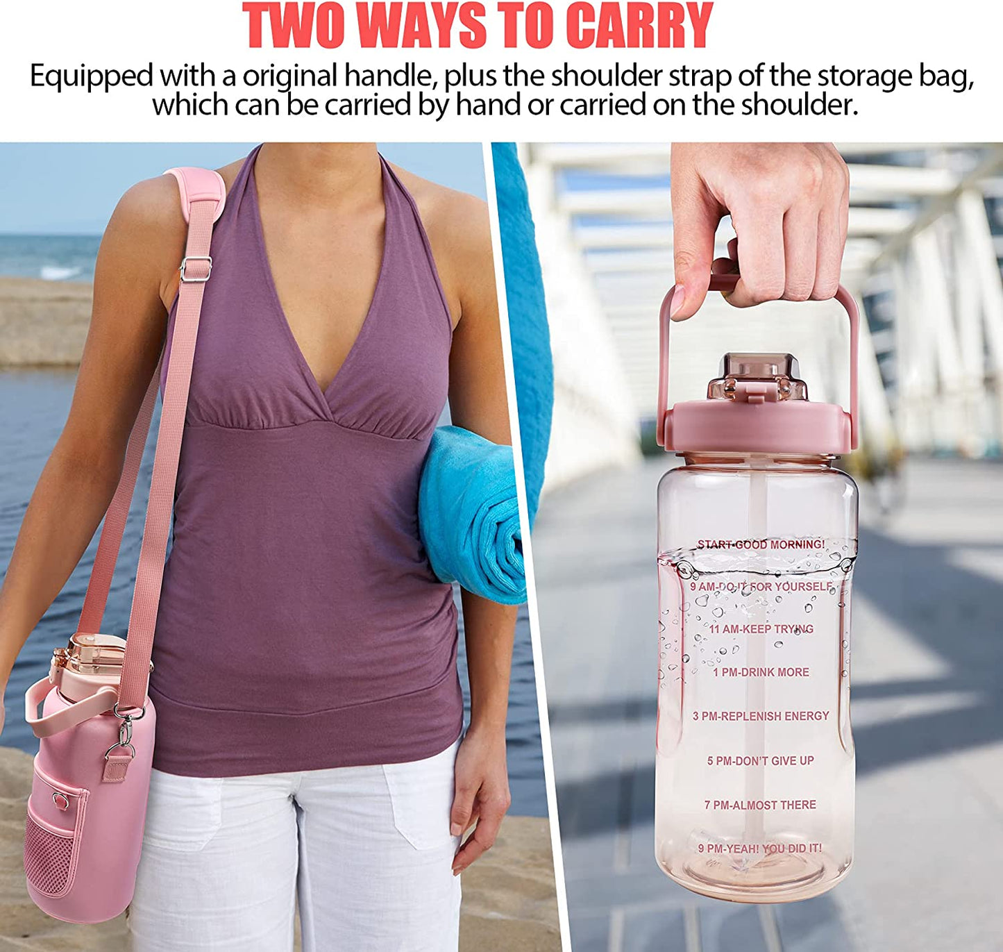 Water Bottle with Sleeve 64Oz Bottle with Straw & Time Marker BPA Free Leakproof Large Bottle