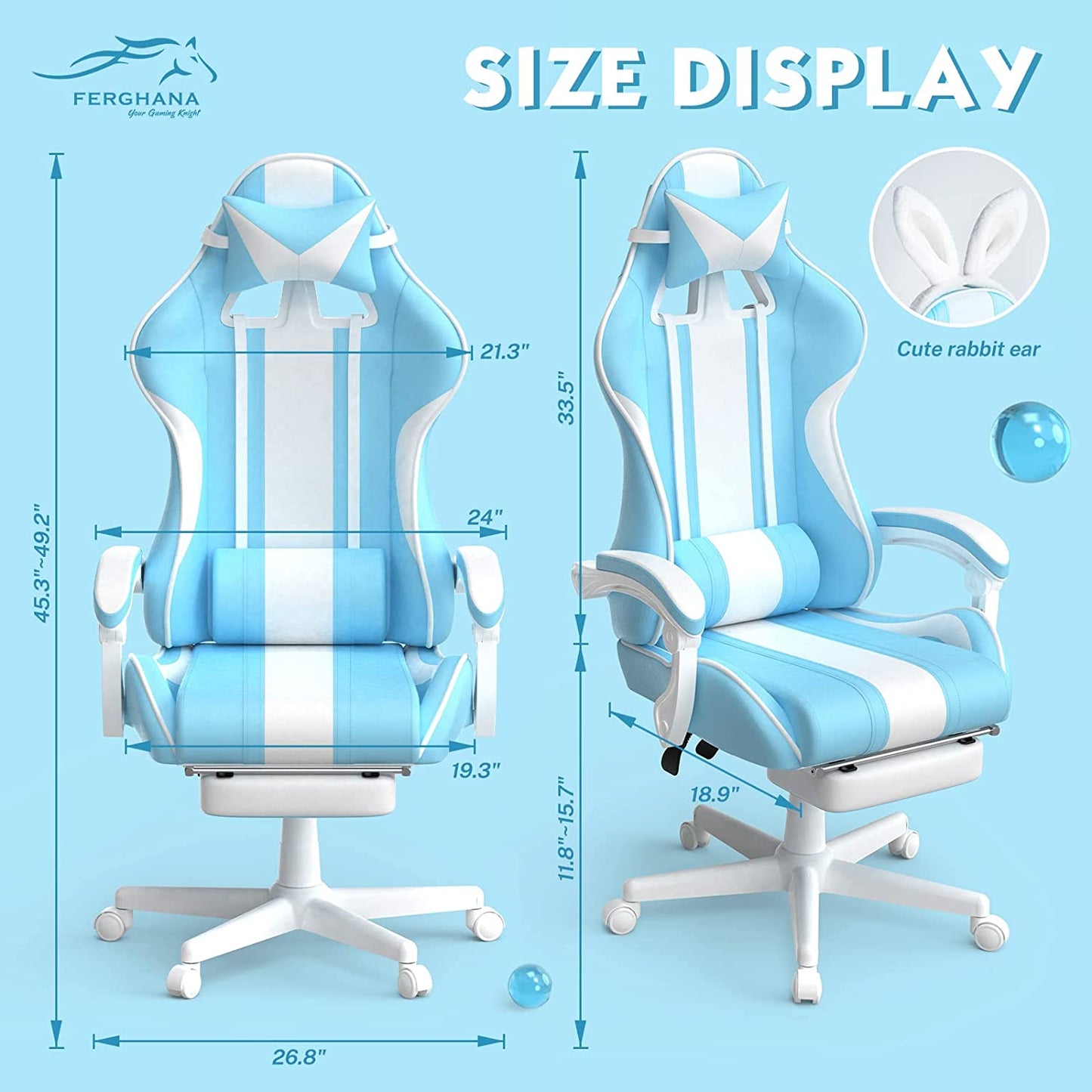 Gaming Chair with Bunny Ear - Cute Gaming Chairs for Adults & Teens Office Chair with Footrest