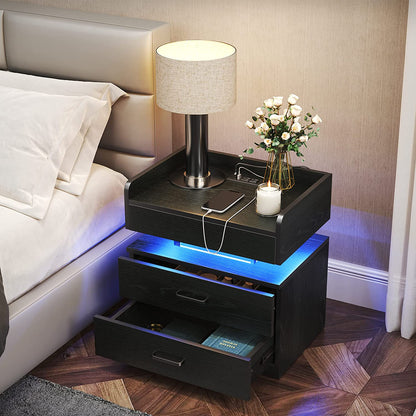 LED Voice-Activated Mode Nightstand - Bedside Table with Charging Station & 2 Drawers