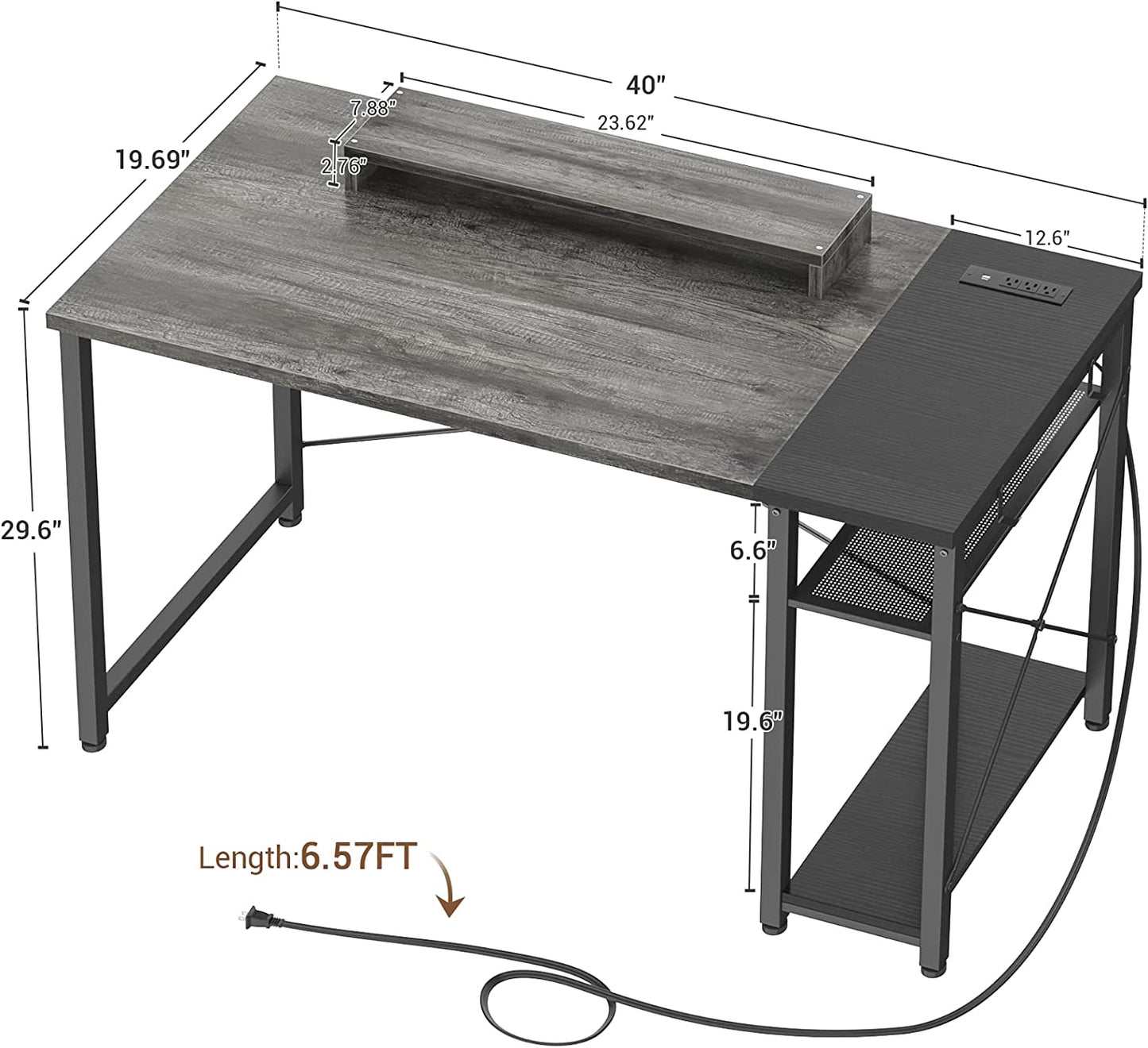 Gaming Desk with Power Outlet and USB - 40 Inch Reversible Laptop Table