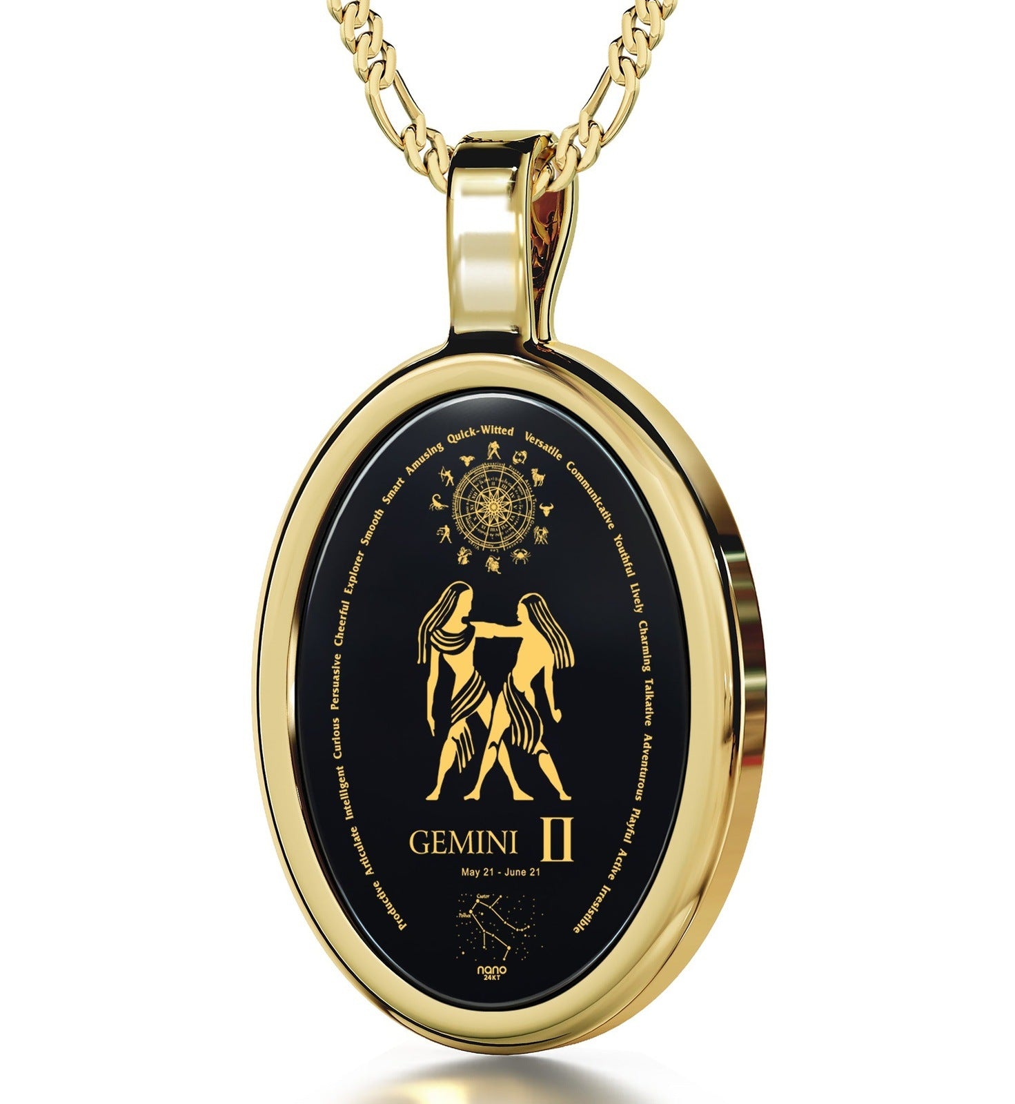 Gemini Necklace 24k Gold Inscribed on Onyx Stone