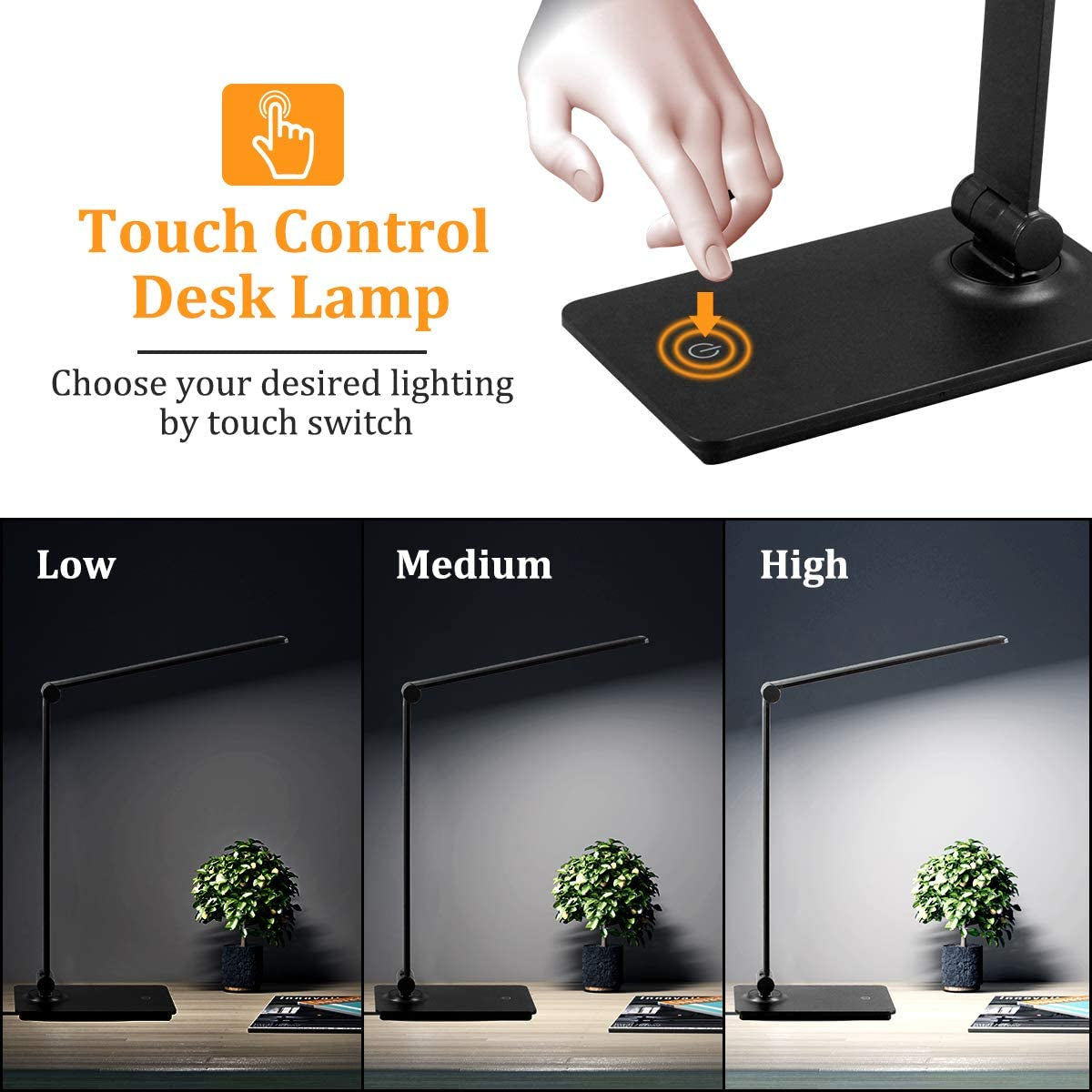 LED Touch Control Desk Lamp - 3 Levels Brightness & Adjustable Arm Office Lamp