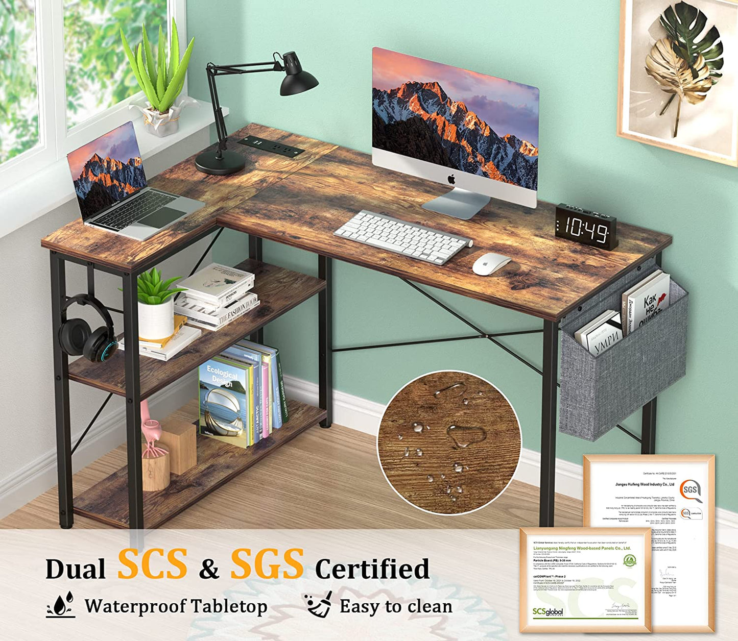 Office Desk - 47 Inch Desk with Outlets & USB Ports Reversible and Storage Shelves & Hook