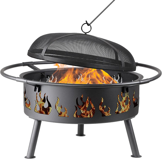 Patio Fire Pit - 30 Inch Iron Cast Fire Pit For Backyard with Spark Screen