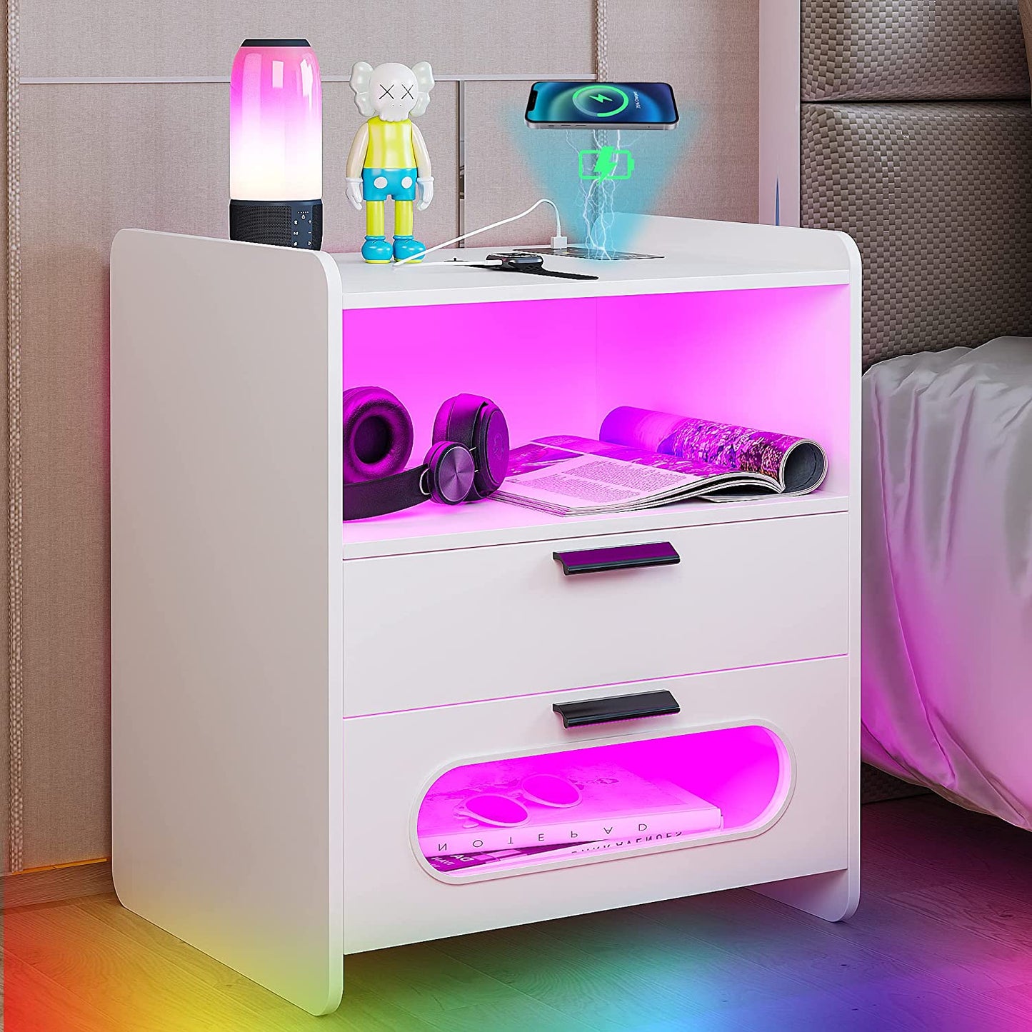 Bedside Table - RGB Nightstand with Wireless Charging Station and USB Ports LED 24 Color