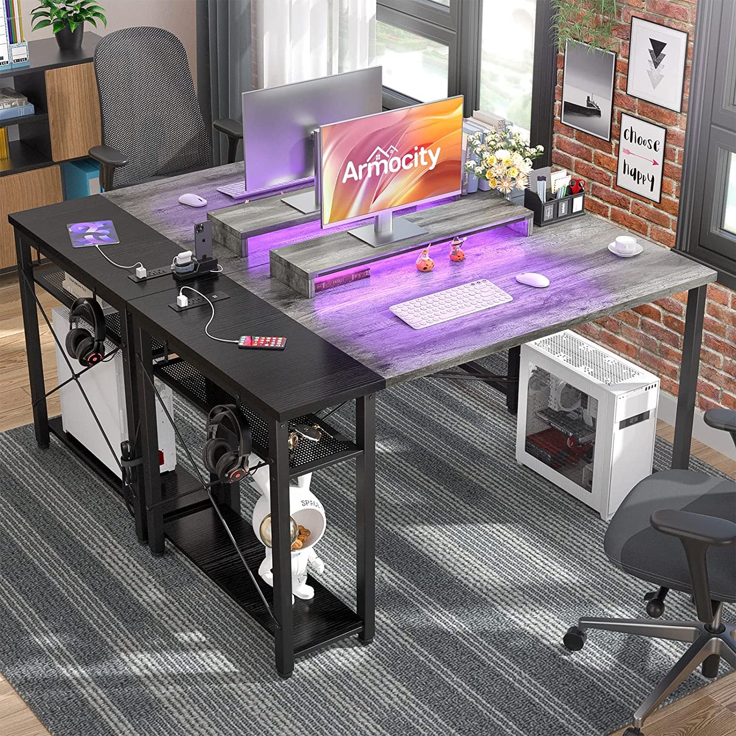 Computer Desk with LED Lights & Power Outlet and USB - 40INCh Reversible Laptop Table