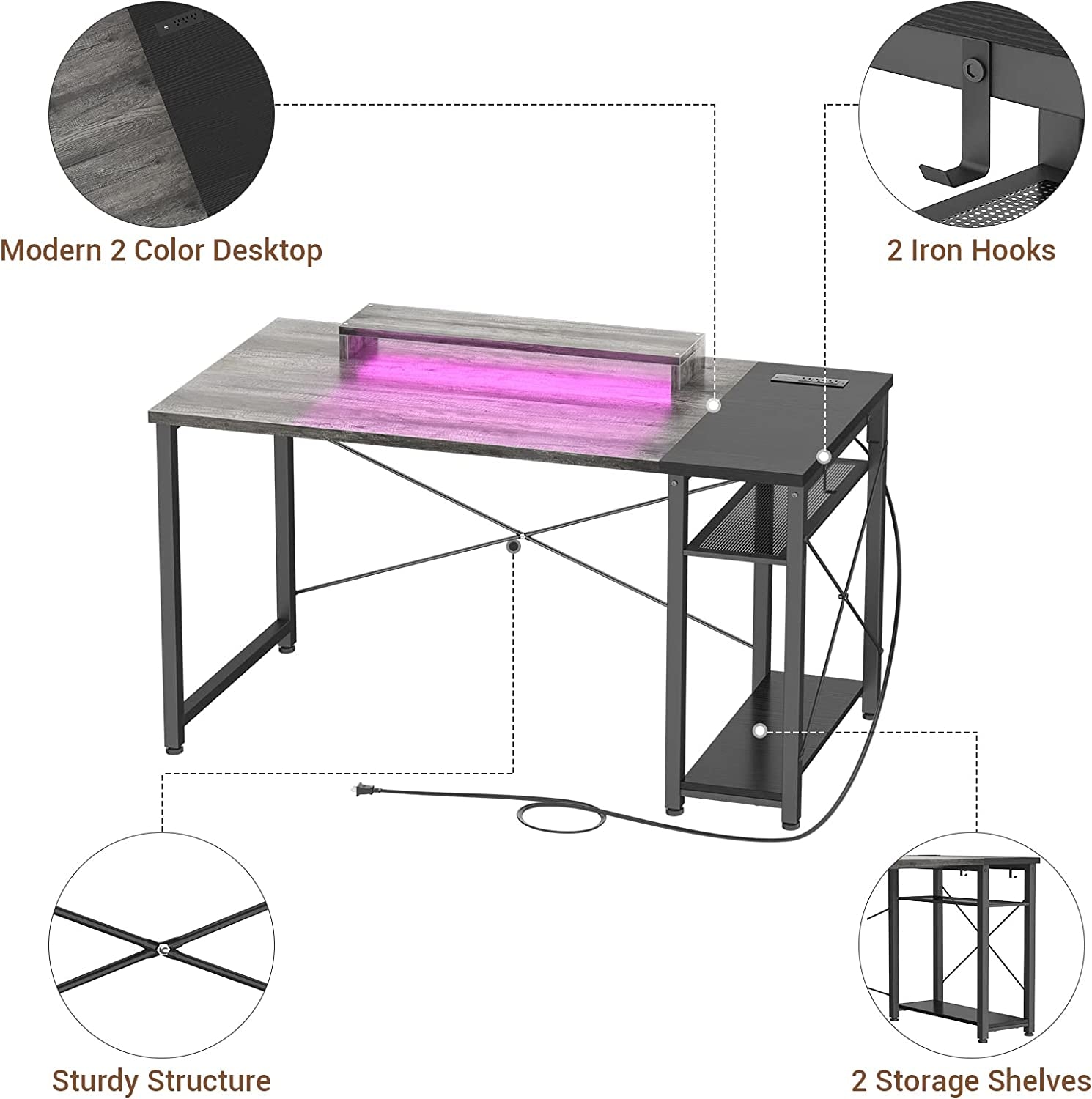 Computer Desk with LED Lights & Power Outlet and USB - 40INCh Reversible Laptop Table