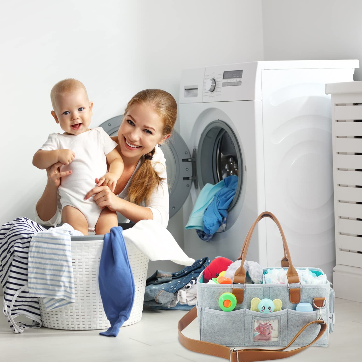 Portable Diaper Caddy - Nursery Caddy Organizer with Roll Lid & Removable Dividers