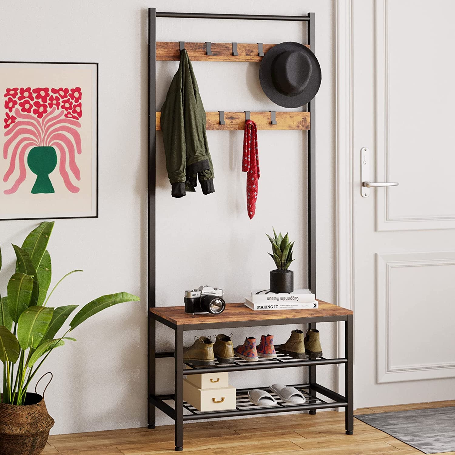 3 In 1 Coat Rack Hall Tree with Shoe Rack Bench for Entryway