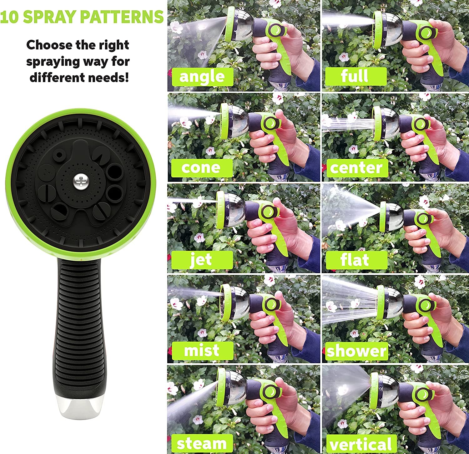 Garden Hose Nozzle - THUMB CONTROL on/off VALVE - 10 Spray Pattern