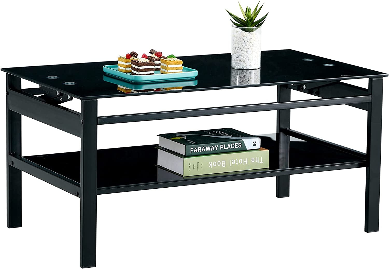 Lift Top Coffee Table - Glass Center Table with Storage Shelf & Metal Frame